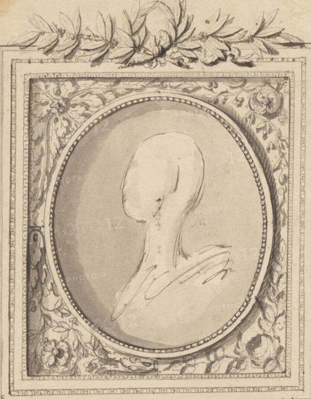 Design for a frame for a portrait or cameo, with four alternative corner solutions, drawing, collector's mark: 'Lodewijk Houthakker (L. 3893)', watermark: 'richly decorated coat of arms with crossed staffs (?)', draftsman (artist): attributed to Jean Louis Prieur (II), Paris, c. 1765 - c. 1775, Jean Louis Prieur (II), draftsman (artist), Attributed to, keratinous material, feather (material), biological material, materials by function, pen (feather), ink, brush, pen and black ink, brush in grey, height 186 mm x width 145 mm, A pencil and ink drawing of an oval framed portrait set within a decorative rectangular border, showing a simplified profile sketch of a human head and upper torso with minimal facial detail and visible shoulder lines, the oval surrounded by a beaded inner rim and ornate floral and foliate ornamentation in the corners and along the sides, with a sprig of leaves and blossoms sketched across the top edge; the paper has an aged, slightly stained appearance and the dra...