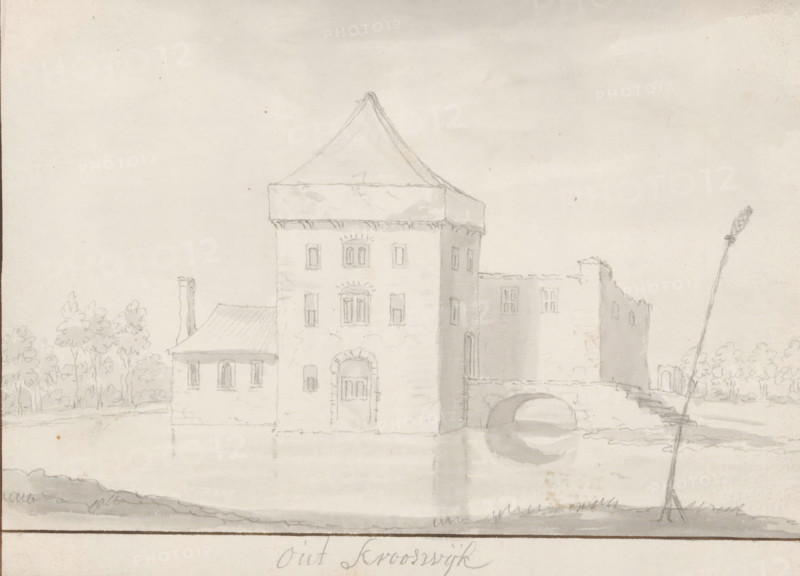 View of the Grote or Sint-Laurenskerk in Rotterdam, drawing, draftsman (artist): Eugène Rensburg (signed by artist), 1882 - 1956, draftsman (artist), paper, pencil, height 221 mm x width 131 mm, church (exterior), Rotterdam, Grote of Sint-Laurenskerk (Rotterdam), A pencil sketch of a stone building with a tall central tower topped by a steep pyramidal roof, flanked by lower roofed sections and connected to a ruined wall, with a rounded arch over water at the base of the tower, reflected faintly in the water; trees line the left side of the scene and a tall pole with a textured top leans on the right, all rendered in light gray tones on aged paper.