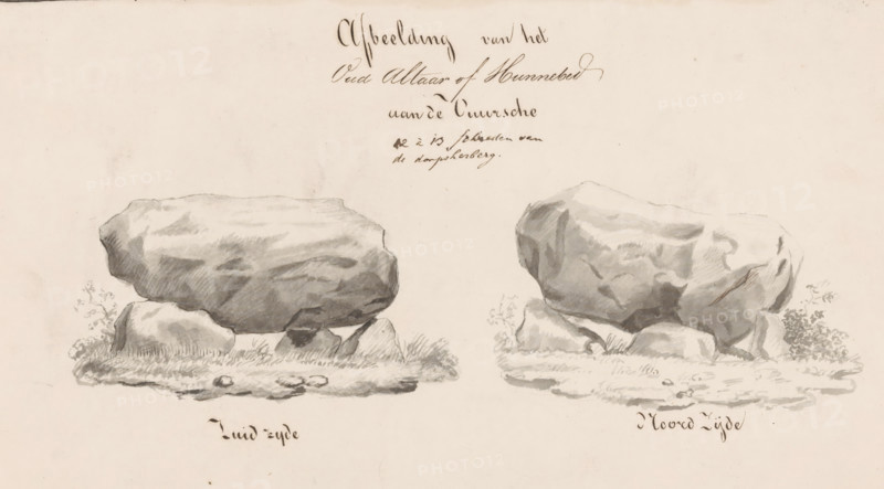 Image of the old altar or dolmen at De Vuursche 12 to 13 paces from the village inn, Dolmen or old altar at Lage Vuursche, drawing, copy, draftsman (artist): Leonhard Johannes Friedrich Janssen, c. 1833, draftsman (artist), materials by function, paper, ink, brush, pen, height 153 mm x width 261 mm, Copy after a print in: Scheltema, Jacobus. Historical and literary miscellany. 6 vols. Amsterdam: Hendrik Gartman, 1818-1819 vols. 1 and 2 and Utrecht: JG van Terveen, 1823-1836 vols. 3-6, vol. 5 (1833)., village, church (exterior) - QQ - small church, chapel, De Bilt, A sepia-toned drawing shows two large irregular stones each resting on smaller support stones, placed side by side on a plain background. The stones on the left form a long flat-topped boulder with shading to indicate surface contours and grass and small plants at its base. The stones on the right form a bulkier rounded boulder with shaded facets and small vegetation around its base. Both groupings sit on simple ground patche...