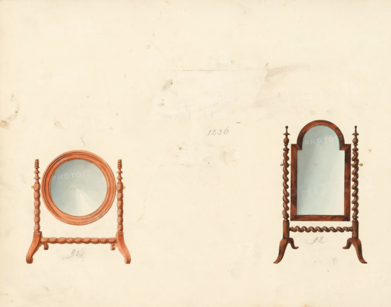 Design for a dressing mirror, a psyche mirror (and missing design for a music stand), drawing, album page, Design for a dressing mirror in mahogany and a psyche mirror in rosewood (and a missing design for a music stand). The page on the back numbered: 21, the opposite page with information about the depicted furniture numbered: 21 bis. Part of an album with 80 pages of drawings and a print of veneered and lacquered furniture, as well as seating., inscription: '1236 Pupitre de musique unis, a filets, 4 coins, a milieu, 91 Miroir a barbe rond tourné glace 8po au glaces, la même en palisandre 10-8, 92 Sphyché palisandre colonne sort. glace 10-8, '' .. mahogany .. '' 10-8', Paris (possibly), c. 1825 - c. 1839, draftsman (artist), paint (coating), materials by function, paper, ink, watercolor (paint), pencil, pen, brush, pen in gray with brush in colors, numbers written in pencil, cut out and pasted onto the album page, height 240 mm, width 310 mm, mirror, table (wood and other phytogenic ...