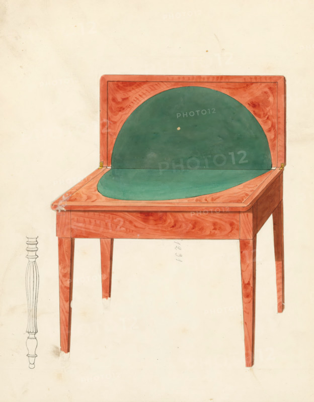 Design for a gaming table and a fluted table leg, drawing, album page, Design for a square gaming table with folding top and square base and a design for a fluted table leg. The reverse side is numbered: 37, the opposite page with information about the depicted furniture is numbered: 37 bis. Part of an album with 80 pages of drawings and a print of veneered and lacquered furniture, as well as seating., inscription: '1231 Tables de jeux pieds carrés', Paris (possibly), c. 1825 - c. 1839, draftsman (artist), paint (coating), materials by function, paper, ink, watercolor (paint), pencil, pen, brush, gray pen with colored brush, numbers written in pencil, cut out and pasted onto the album page, height 240 mm, width 310 mm, card games, table (wood and other phytogenic material), A drawing of a wooden table with tapered legs and a hinged back panel that folds upward to reveal a semicircular green padded interior, the table surface and back framed in reddish wood grain with visible swirls and...