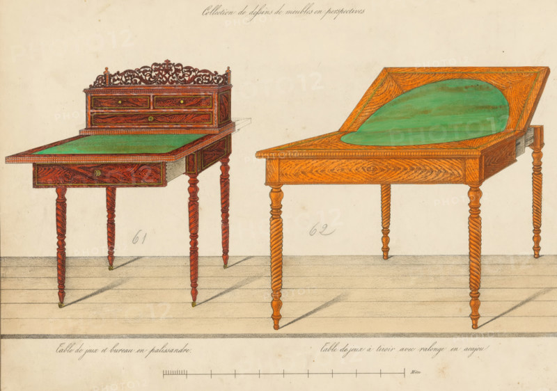 Print with two designs for game tables by Mr Dutzschhold, print, album page, Pasted-in colored print numbered 63 with two designs for game tables, one in rosewood with a stand, extendable or foldable. The print features a scale indication, the address of the publisher, the printer, and the designer. The sheet on the reverse is numbered: 40, the opposite sheet with information about the depicted furniture is numbered: 40 bis. Part of an album with 80 sheets of drawings and a print of veneered and lacquered furniture, as well as seating., inscription: '61 Bureau de Dame Table de jeux en palissandre 24p*, ''…'' mahogany, 62 Table de jeux à ''table coulisse pies à torsade, ''…'' tors, ''…'' fluted', publisher: M. Jansen, Paris, designer: M. Dutzschhold, printer (person): Lemercier, Benard & Cie., c. 1825 - c. 1840, printer (person), paint (coating), materials by function, paper, ink, watercolor (paint), pencil, pen, brush, lithography, hand-coloured, numbers written in pencil, height 240 m...