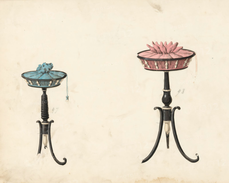 Two designs for a basket for children's toys, drawing, album page, Two designs for a basket on a leg for children's toys. The page on the back numbered: 44, the opposite page with information about the depicted furniture numbered: 44 bis. Part of an album with 80 pages of drawings and a print of veneered and lacquered furniture, as well as seating., inscription: '97 Corbeille à sac 9* 8* 6*½, 98 même prixe, Corbeille rouets l'enfants', Paris (possibly), c. 1825 - c. 1839, draftsman (artist), Paris, paint (coating), materials by function, paper, ink, watercolor (paint), pencil, pen, brush, gray pen with colored brush, numbers written in pencil, cut out and pasted onto the album page, height 240 mm, width 310 mm, (playing with) toys, furniture for storage (wood and other phytogenic materials), Two tall slender stands with tripod bases are depicted against a plain background; each stand has a round shallow dish on top with a gathered fabric cushion inside, one cushion colored blue and the...