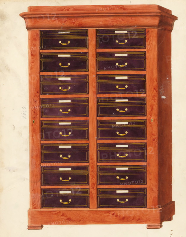 Design for a double chest of drawers, drawing, album page, Design for a double chest of drawers (sixteen drawers). Alternative in the text: lectern on top and eight drawers. The page on the back numbered: 68, the opposite page with information about the depicted furniture numbered: 68 bis. Part of an album with 80 pages of drawings and a print of veneered and lacquered furniture, as well as seating., inscription: '2398 Cartonnier double 16 cartons, Cartonnier double 8 cartons, pr putitre', Paris (possibly), c. 1825 - c. 1839, draftsman (artist), paint (coating), materials by function, paper, ink, watercolor (paint), pencil, pen, brush, gray pen with colored brush, numbers written in pencil, partially cut out and pasted onto the album page, height 240 mm, width 310 mm, cupboard (wood and other phytogenic material), A tall wooden cabinet with a reddish-brown finish fills the frame, featuring a stepped top and a molded base with small feet; the front is divided into two vertical columns o...