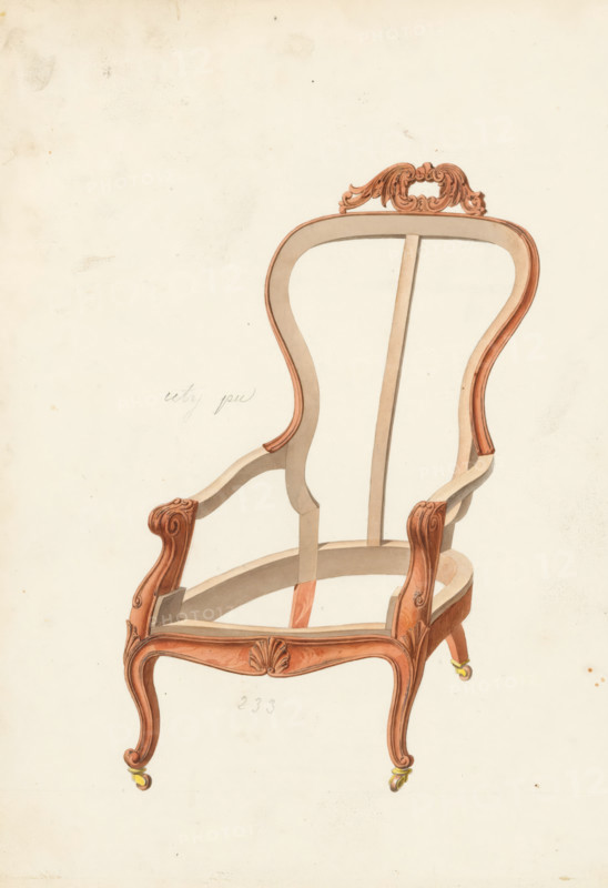 Design for a Louis XV-style armchair, drawing, album page, Design for an armchair (bergère) decorated with wood carving without seat and back upholstery. Louis XV style. The reverse page numbered: 69, the opposite page with information (missing here) about the depicted furniture numbered: 69 bis. Part of an album with 80 pages of drawings and a print of veneered and lacquered furniture, as well as seating., Paris (possibly), c. 1825 - c. 1839, draftsman (artist), paint (coating), materials by function, paper, ink, watercolor (paint), pencil, pen, brush, pen in gray with brush in colors, written numbers in pencil, height 240 mm, width 310 mm, chair (wood and other phytogenic material), A partial wooden chair frame is shown on a pale background, with an ornate carved crest at the top and a curved open back supported by slender vertical and side rails, scrolled armrests with carved detailing, a shaped apron with a shell motif at the front, cabriole legs ending in small brass casters, and ...