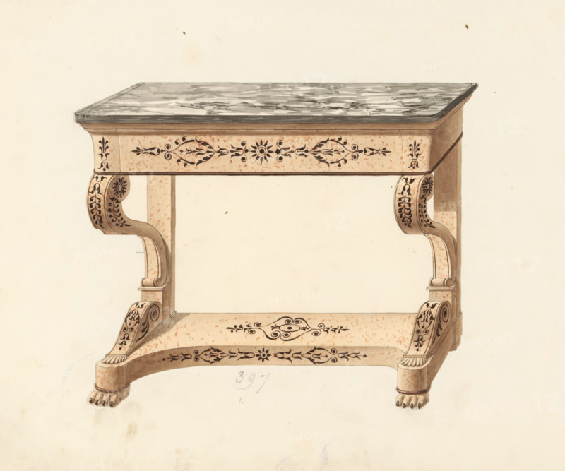 Design for a console table, drawing, album page, Design for a console table with a marble top and (mahogany?) with inlay. The reverse side is numbered: 72, the opposite page with information about the depicted furniture is numbered: 72 bis. Part of an album with 80 pages of drawings and a print of veneered and lacquered furniture, as well as seating., inscription: '397 Console with modillon in mahogany 2½ 3 3½ 4 legs', Paris (possibly), c. 1825 - c. 1839, draftsman (artist), paint (coating), materials by function, paper, ink, watercolor (paint), pencil, pen, brush, gray pen with colored brush, numbers written in pencil, cut out and pasted onto the album page, height 240 mm, width 310 mm, table (wood and other phytogenic material), furniture to put things on (stone), A detailed illustration of a wooden table with a rectangular top that has a mottled dark surface and a rounded edge, a decorative apron with floral and scroll motifs in dark ink on a speckled lighter background, elegantly c...