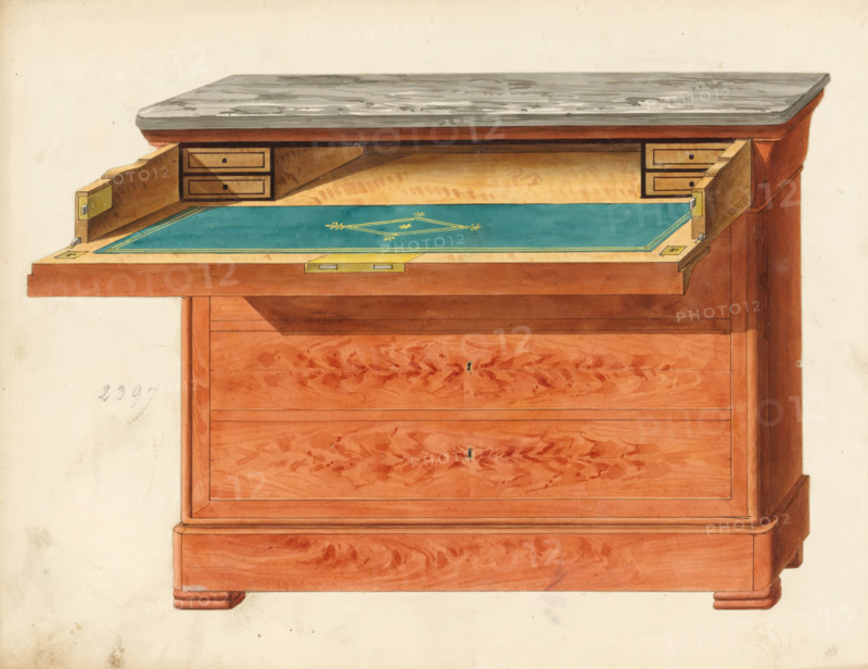 Design for a secretaire, drawing, album page, Design for a secretaire in a commode with a marble top (in mahogany?). The page on the reverse is numbered: 75, the opposite page with information about the depicted furniture is numbered: 75 bis. Part of an album with 80 pages of drawings and a print of veneered and lacquered furniture, as well as seating., inscription: '2397 Commode secretaire', Paris (possibly), c. 1825 - c. 1839, draftsman (artist), paint (coating), materials by function, paper, ink, watercolor (paint), pencil, pen, brush, gray pen with colored brush, numbers written in pencil, partially cut out and pasted onto the album page, height 240 mm, width 310 mm, writing-table, writing-desk, cupboard (wood and other phytogenic material), A painted depiction of the upper portion of a wooden chest of drawers with a fold-down writing surface lined with a teal green leather pad that has a decorative gold-embossed motif and a gold border, flanked by two hinged wooden panels with bra...