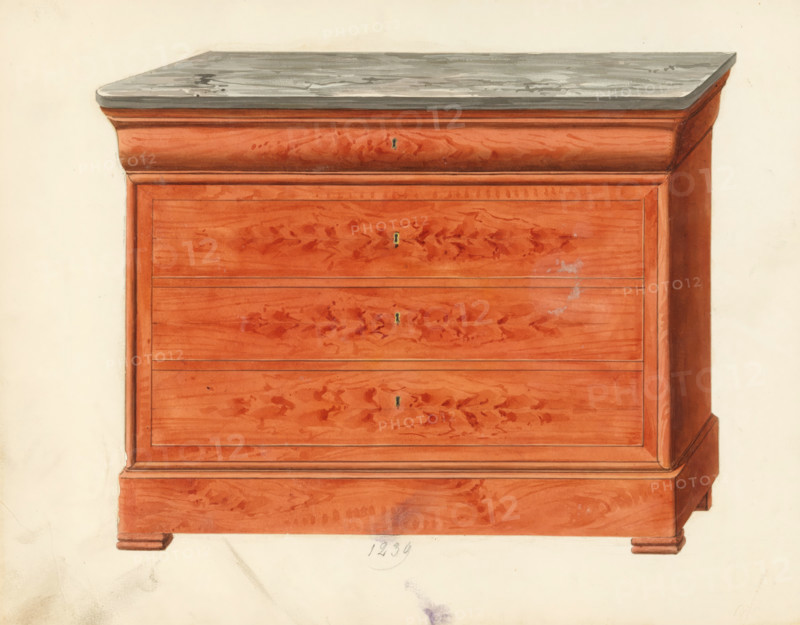 Design for a secretary desk, drawing, album page, commode with marble top, in closed state. The page on the reverse is numbered: 78, the opposite page with information about the depicted furniture is numbered: 78 bis. Part of an album with 80 pages of drawings and a print of veneered and lacquered furniture, as well as seating., inscription: '1239 Commode & secretaire à boudin', Paris (possibly), c. 1825 - c. 1839, draftsman (artist), paint (coating), materials by function, paper, ink, watercolor (paint), pencil, pen, brush, gray pen with colored brush, numbers written in pencil, partially cut out and pasted onto the album page, height 240 mm, width 310 mm, cupboard (wood and other phytogenic material), A painted depiction of the upper portion of a wooden chest of drawers with a gray stone top, showing a reddish-brown wood grain finish across flat drawer fronts and molded edges, small keyholes centered on each drawer front, framed paneling along the sides, a stepped base with short bra...