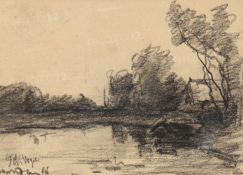 Landscape with water, presumably in Spaarndam, drawing, date and inscription: '...paarndam 92', draftsman (artist): Johannes Gijsbert Vogel (signed by artist), 1892, draftsman (artist), inorganic material, paper, chalk, black chalk, height 110 mm x width 154 mm, farm or solitary house in landscape, landscapes with waters, waterscapes, seascapes (in the temperate zone), Spaarndam, A sepia-toned drawing shows a landscape with dark charcoal shading forming dense tree shapes and foliage along the right and middle edges, slender tree trunks rising and branching toward the top, and a darker textured foreground suggesting ground or water across the lower portion; the sky area is mostly blank with a lightly mottled paper texture, and there are faint charcoal smudges and marks throughout the composition.