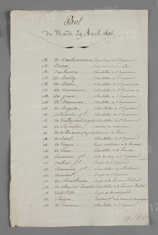 Liste nominative du bal du mardi 29 avril 1806 donné par Hortense de Beauharnais