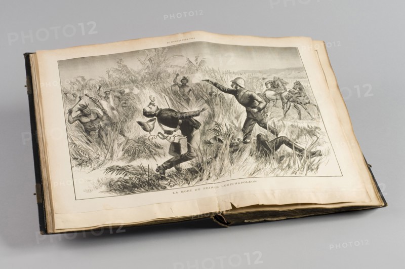 'La mort du prince Louis Napoléon' (The death of the prince Louis Napoleon), pages fom 'La vie du prince Napoléon' et 'Les derniers moments du prince impérial' (The life of the prince Napoleon and the last moments of the imperial prince)