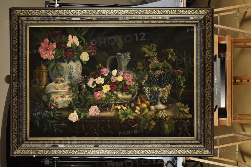 Paul Lahure, "Nature morte aux fleurs et fruits sur un entablement"