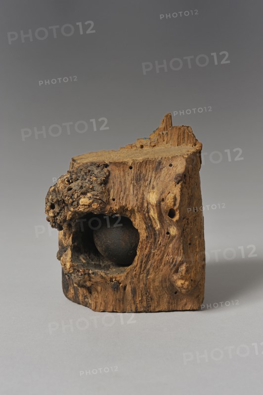 Boulet de Waterloo incrusté dans un morceau d'arbre