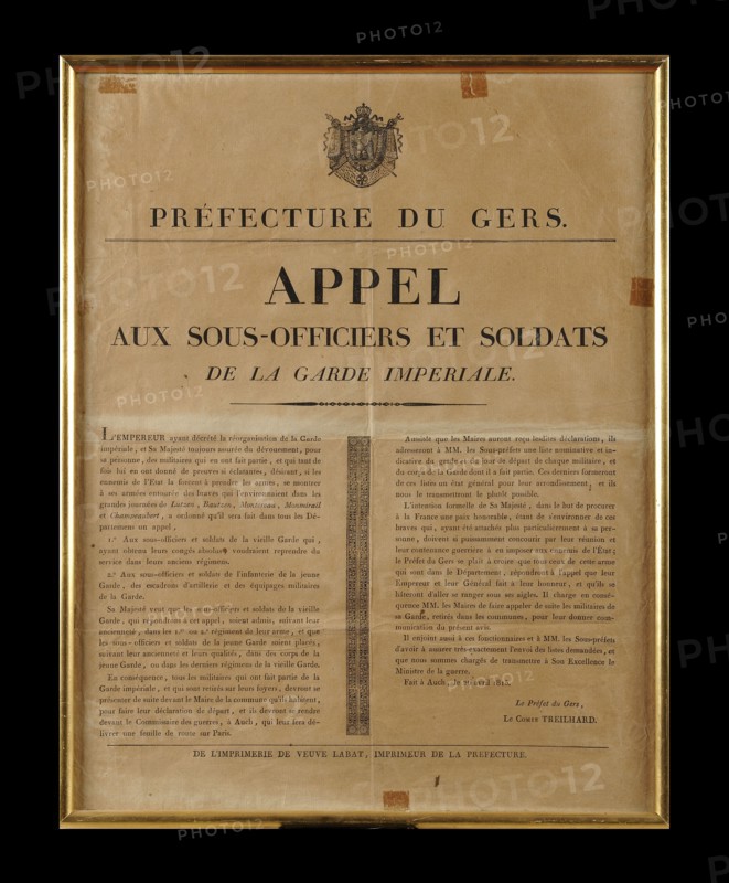 Affiche appelant les  sous-officiers et soldats de la Garde à rejoindre leurs anciens régiments, en 1815