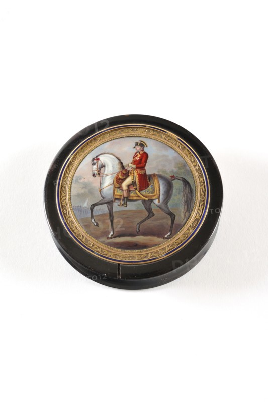 Wooden box blacklaquered with a miniature representing Bonaparte on horse-back on the cover