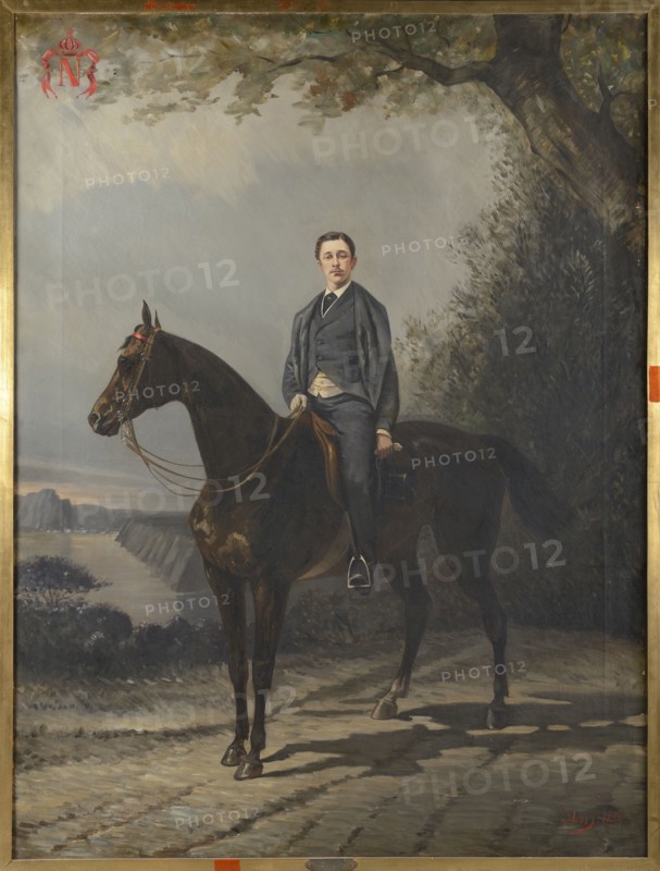 Charles Porion, studio of.
French School, 19th century.
The Prince Imperial  on horseback on the British coast.
Le prince Impérial à cheval en civil sur les côtes anglaises, vers 1878.
"Eugène Louis Jean Joseph Napoléon Prince impérial 1856-1879"
Oil on canvas 123 x 120 cm, dated 1882.

The Prince was the son of exiled French Emperor Napoleon III.


Former Christopher Forbes collection
Private collection