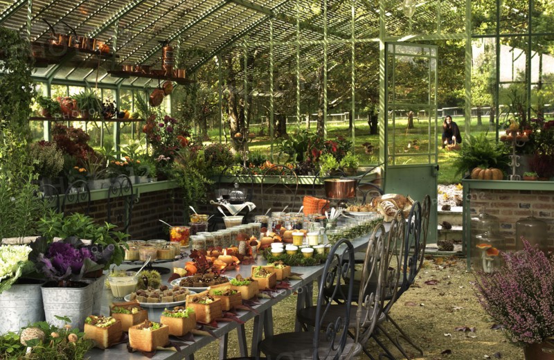 Repas forestier: table décorée dans une serre