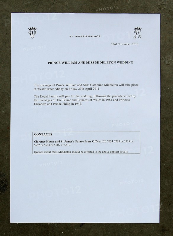 Document officiel annonçant le mariage du prince William et de Kate Middleton