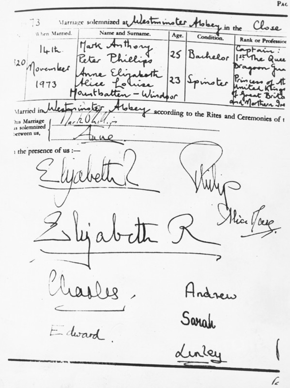 Registre du mariage de la princesse Anne et du capitaine Mark Philips