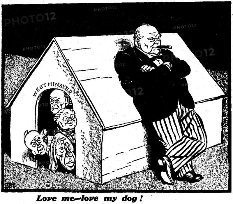 Love me love my dog!  27th January 1942 Philip Zec cartoon depicting a serious Winston Churchill leaning against the dog kennel which contains his war cabinet.
The cartoon was drawn at the beginning of a three day debate in the House of Commons on the ¿tion of Confidence in the Government¿following the defeats in the Far East