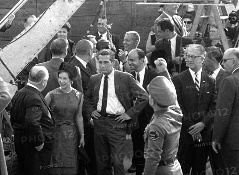 Princess Margaret and Lord Snowdon on set in Hollywood with Paul Newman and Alfred Hitchcock filming his latest film "Torn Curtain".
10th November 1965.
