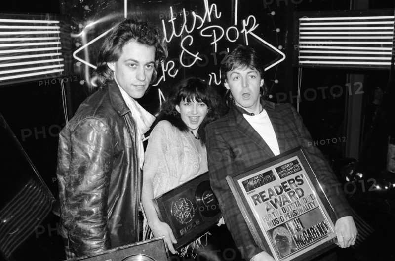 Kate Bush with fellow pop singers Bob Geldof and Paul McCartney at The British Rock and Pop Awards, 27th February 1980.