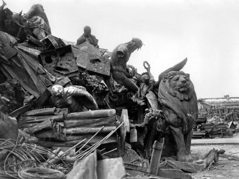 War salvage: Pictures taken in a German smelting yard at Hamburg which shows the shortage of German metal for Munitions. Here are Bronze statues and Church Bells collected from occupied countries piled in a heap ready for smelting irrespective of there value the end of the war may save some of the more valuable ones. June 1945. June 1945 P010153