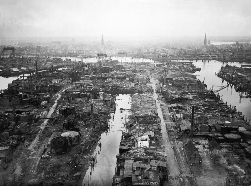 Hamburg on the day of its surrender-May 3 1945. Picture Shows three minutes after surrender time on May 3 The City was devastated, apparently deserted. Ruined dock and railway areas So often the target for RAF Bombers.