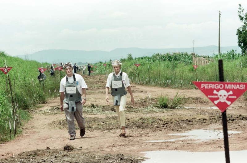 Diana, Princess of Wales during her four day British Red Cross mission to highlight the evil of land mines. The Princess is pictured during a visit to mine fields in Haumbo on the third day of her visit. 15th January 1997.