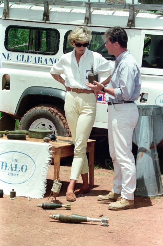Diana, Princess of Wales during her four day British Red Cross mission to highlight the evil of land mines. The Princess is pictured during a visit to mine fields in Haumbo on the third day of her visit. 15th January 1997.