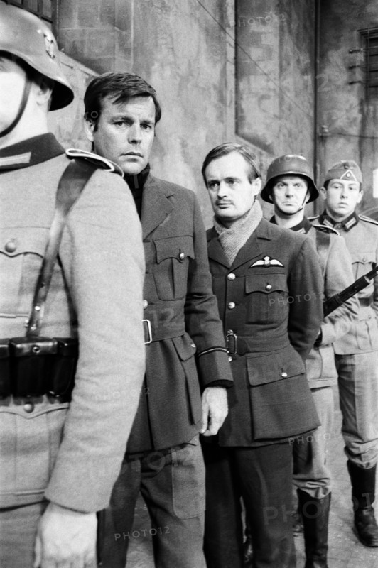 Colditz, Photo-call for new BBC television series, actors pose for the cameras on first day of filming, Ealing Studios, London, 19th June 1972.  Pictured, Robert Wagner as Flight Lieutenant Phil Carrington and David McCallum as Flight Lieutenant Simon Carter.