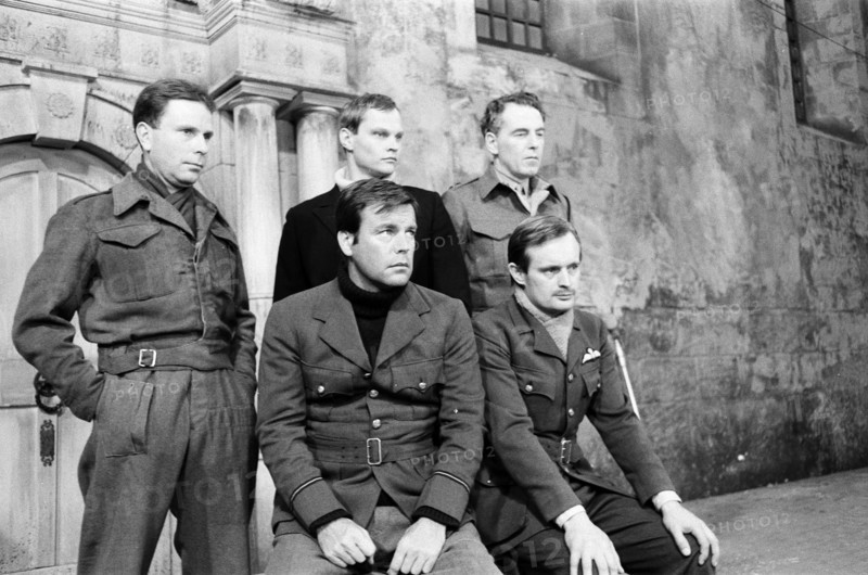 Colditz, Photo-call for new BBC television series, actors pose for the cameras on first day of filming, Ealing Studios, London, 19th June 1972.  Pictured, Back Row, Edward Hardwicke as Captain Pat Grant, Christopher Neame as Lieutenant Dick Player, Jack Hedley as Lieutenant Colonel John Preston and Front Row, Robert Wagner as Flight Lieutenant Phil Carrington and David McCallum as Flight Lieutenant Simon Carter.