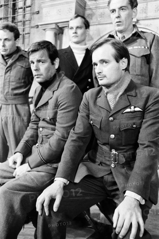 Colditz, Photo-call for new BBC television series, actors pose for the cameras on first day of filming, Ealing Studios, London, 19th June 1972.  Pictured, Back Row, Edward Hardwicke as Captain Pat Grant, Christopher Neame as Lieutenant Dick Player, Jack Hedley as Lieutenant Colonel John Preston and Front Row, Robert Wagner as Flight Lieutenant Phil Carrington and David McCallum as Flight Lieutenant Simon Carter.
