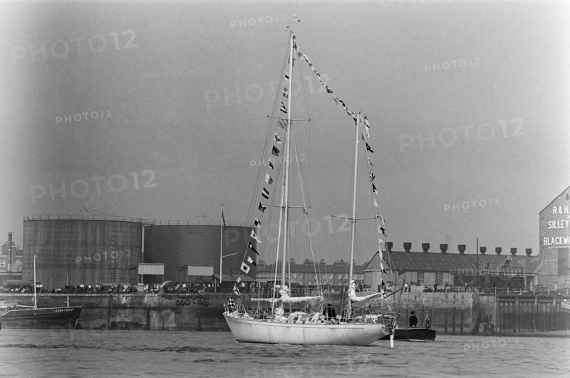 BSir Francis Chichester in his yacht, Gypsy Moth IV, 7th July 1967