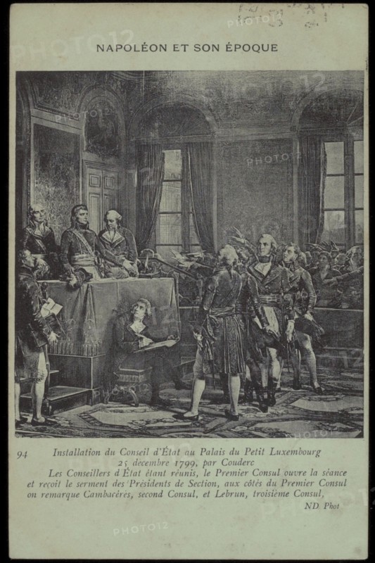 Napoléon Bonaparte. 
Installation du Conseil d'Etat au Petit Luxembourg.