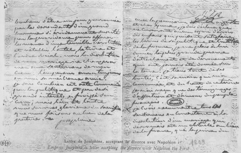 Letter from Empress Joséphine accepting her divorce with Napoleon I.
1809