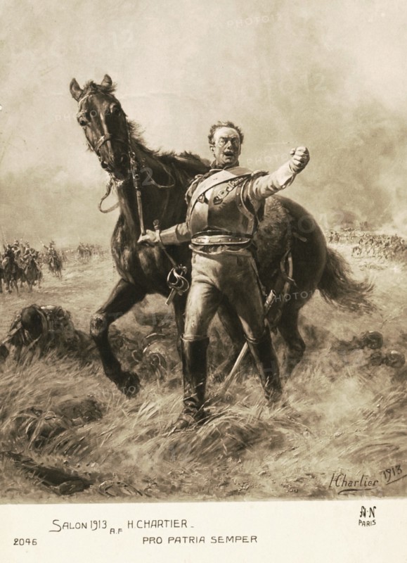 Bataille de Waterloo : un officier descendu de son cheval.