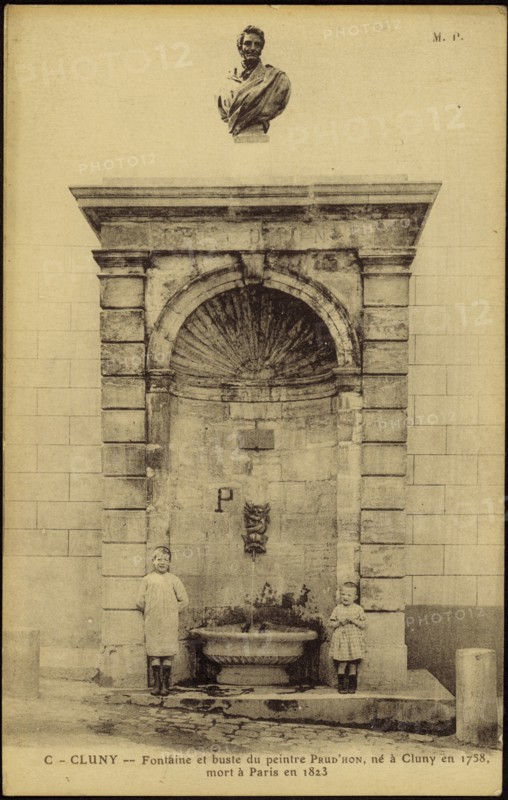 Fountain and bust of the painter Prud'Hon, in Cluny.