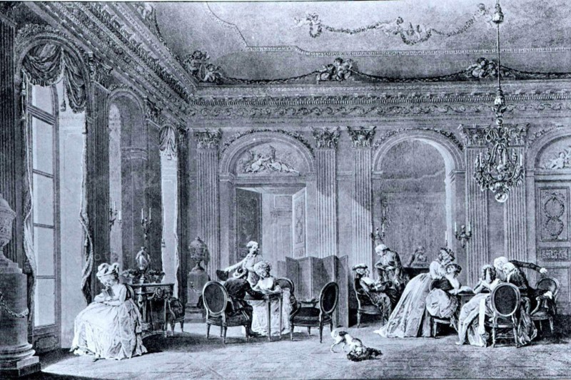 Engraving by Dequevauviller from Lavreince, Typical scene