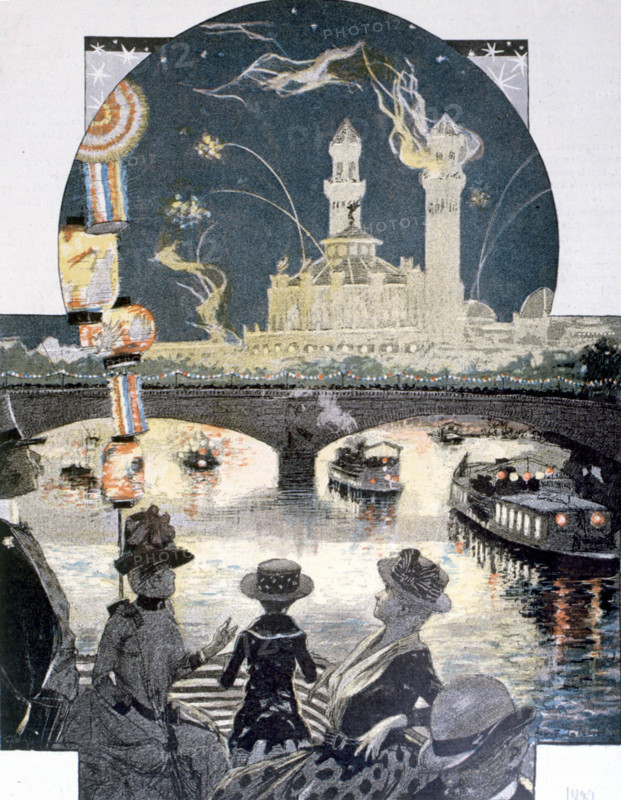Illumination on the Alma bridge and at Trocadero, late 19th century, illustration