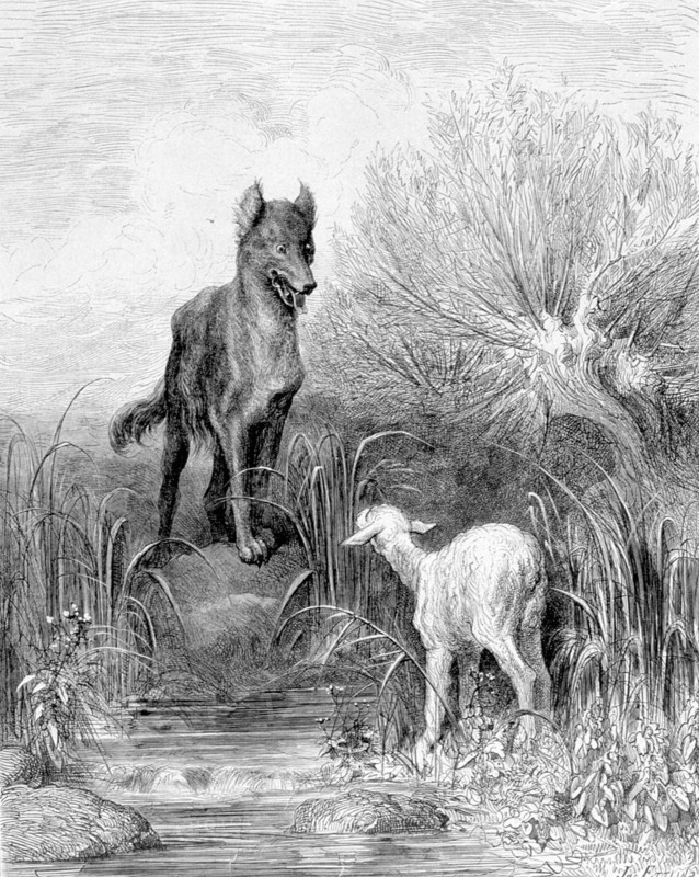 The wolf and the lamb, La Fontaine's Fable, illustration by Gustave Doré
