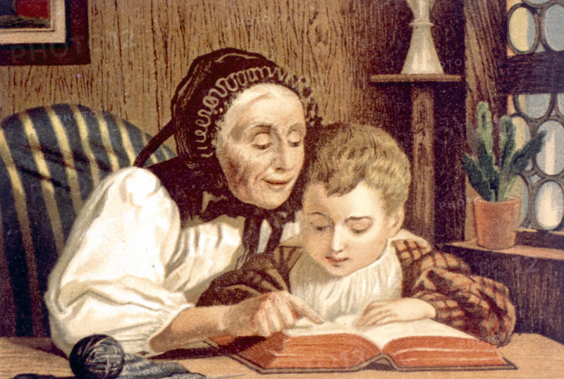 Woman and child reading, by G. Knusli
