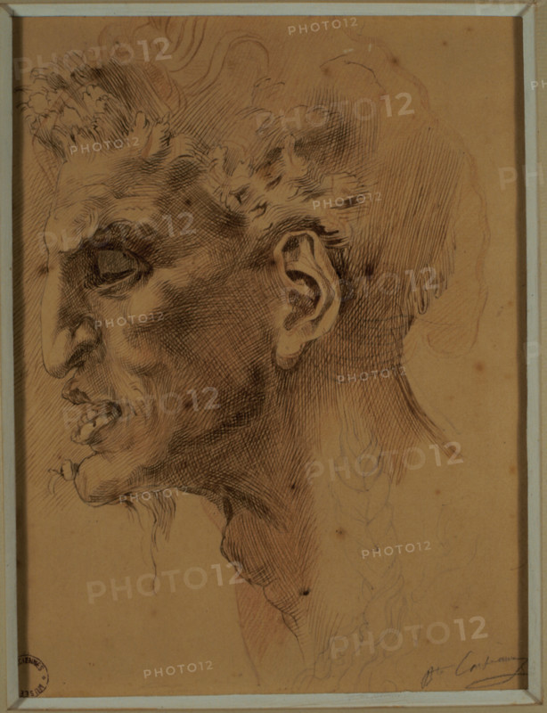 Tête de faune d'après Michel Ange, dessin de Carpeaux