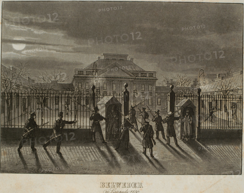 Insurgents taking  the belvedere, engraving by  Piwaski