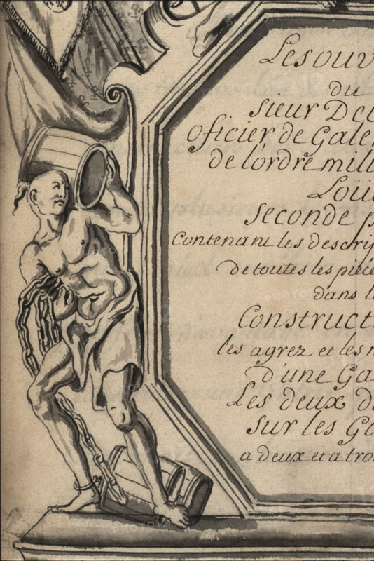 Geometric description of all of the parts included in the construction of a galley, engraving by Debenat