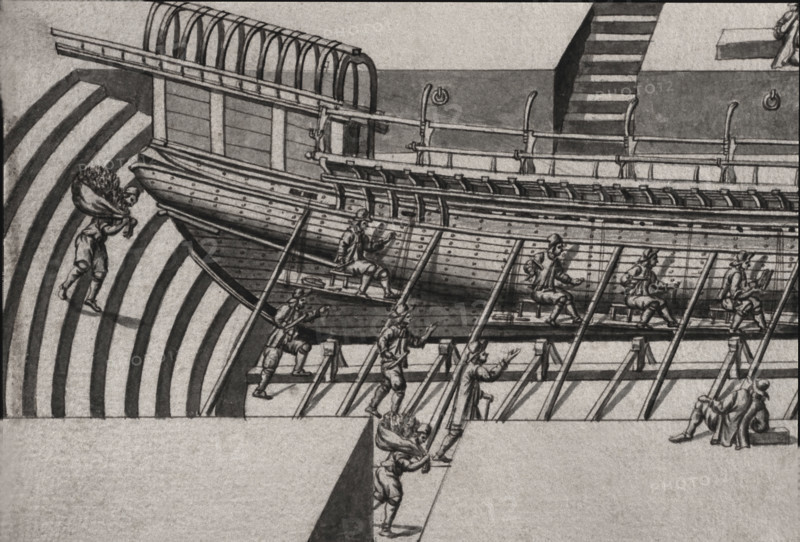 Geometric description of all of the parts included in the construction of a galley, engraving by Debenat
