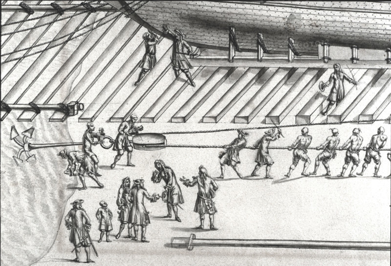 Description géométrique de toutes les pièces qui entrent dans la construction d'une galère, gravure de Debenat