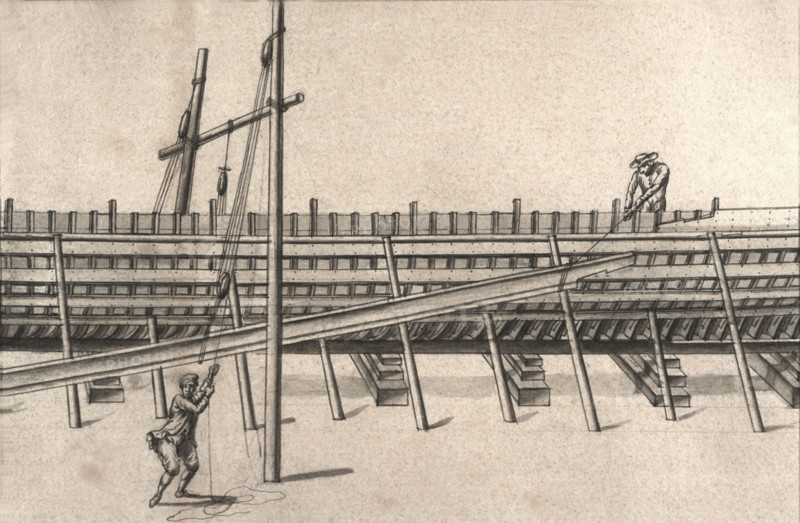 Description géométrique de toutes les pièces qui entrent dans la construction d'une galère, gravure de Debenat