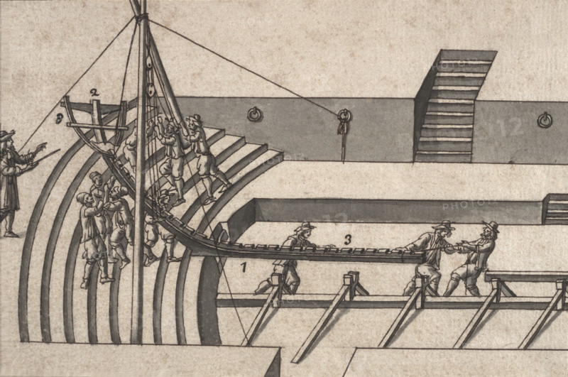 Description géométrique de toutes les pièces qui entrent dans la construction d'une galère, gravure de Debenat