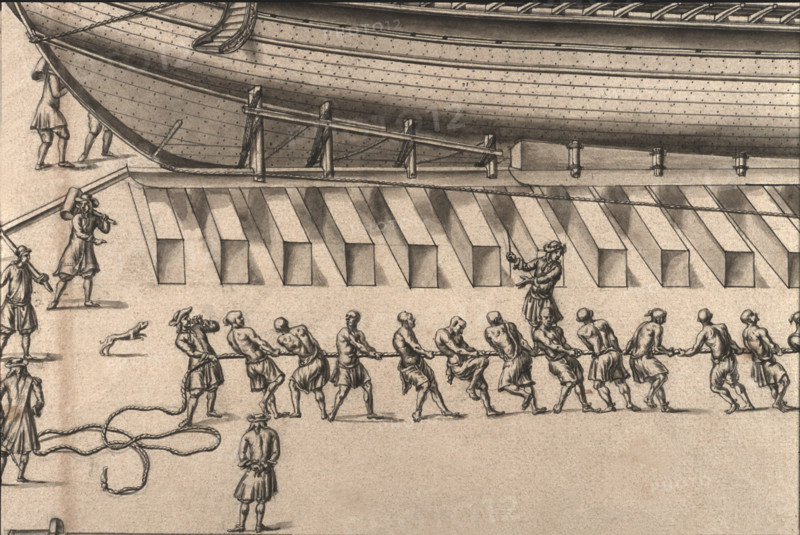 Description géométrique de toutes les pièces qui entrent dans la construction d'une galère, gravure de Debenat